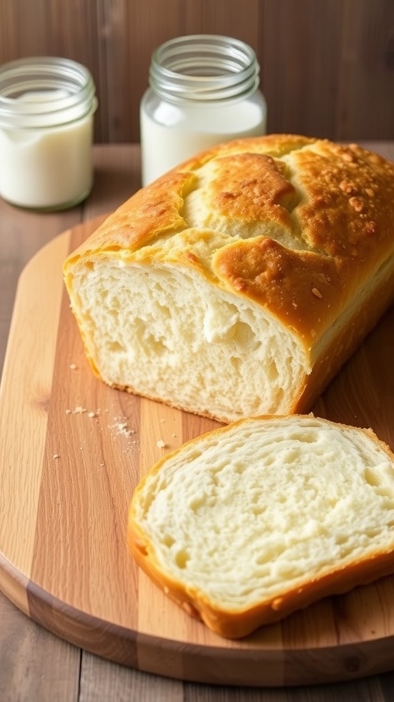 Yogurt Bread Recipe for Bread Maker A loaf of yogurt bread sliced on a cutting board, showing its fluffy texture, with yogurt and flour in the background.